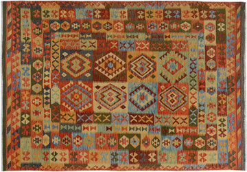 Flat Weave Kilim, Antique, Navaho, Vintage, Handmade, Geometric Kilim Gray Rust Hand-Woven Rectangle 100% Wool Area Rug 7 x 10